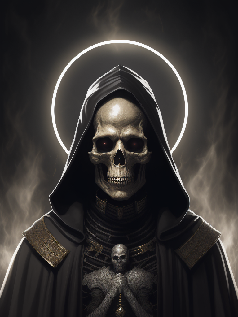 black ink illustration of a skeleton pope with a glowing halo around his head, black background, highly detailed, gig poster style