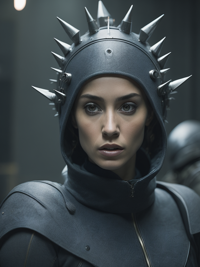 a woman in a futuristic costume with spikes on her head and a helmet on her head Avant-garde Fashion