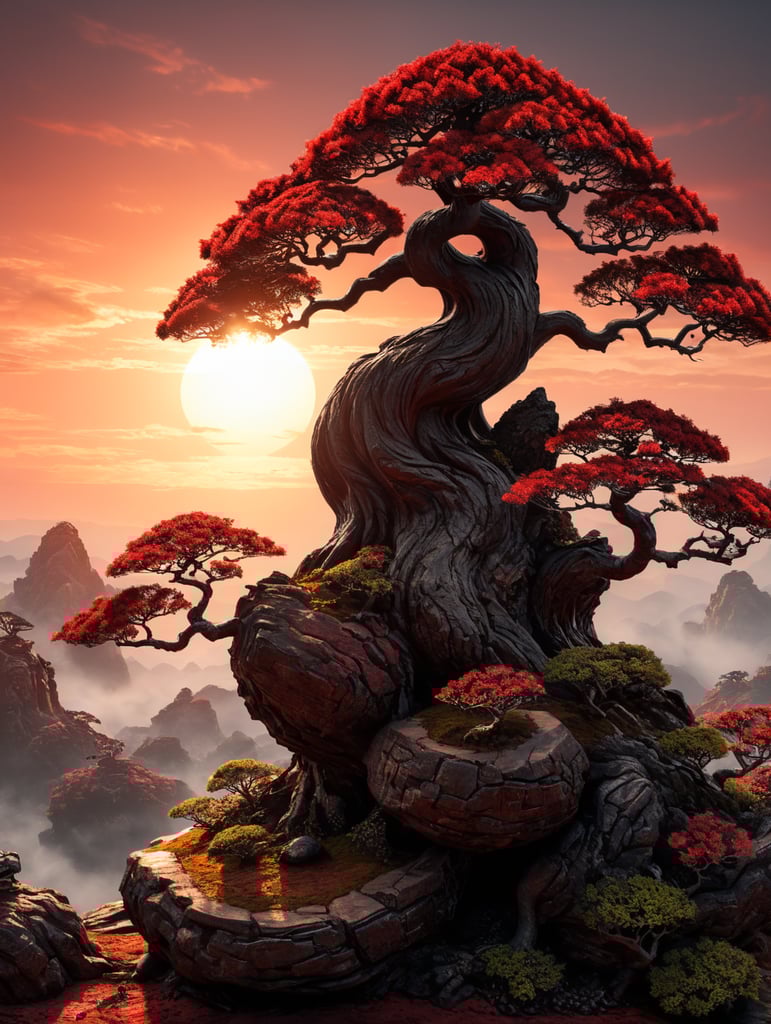 A bonsai tree in sunset light, only red and black color used, ink art