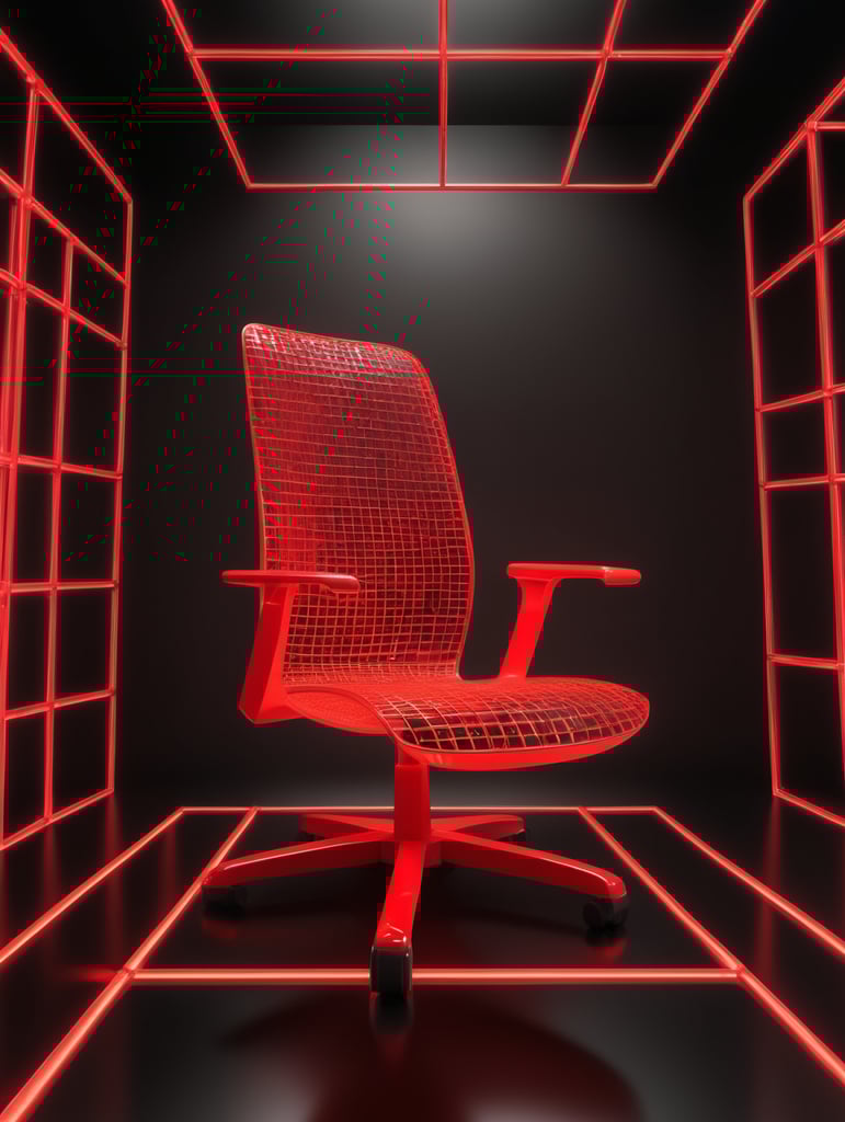 A three-dimensional model of a chair made of a neon-red regular uniform grid of streamlined squares over the entire surface of the body, for the effect of volume and depth on a dark background-there are --no mirror reflections