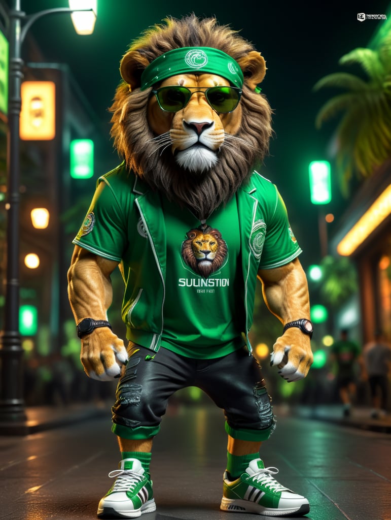 realistic lion, wearing green night life outfit and sneakers,8k, unreal engine render, full body wearing sunglasses and bandana