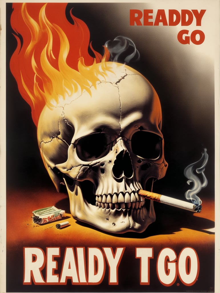 Skull with Burning Cigarette, "Ready to GO" text on poster