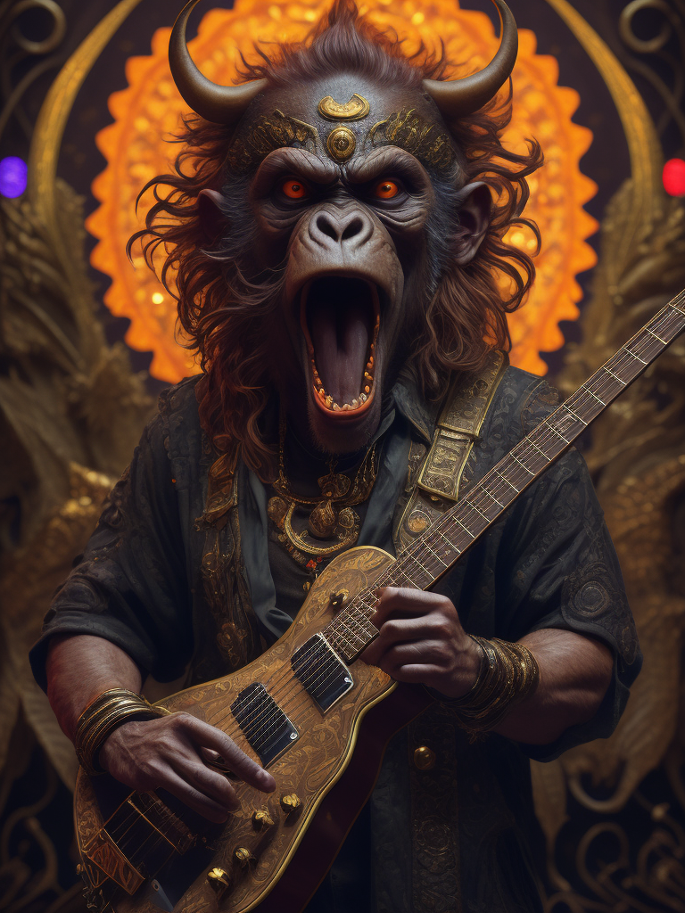 monkey octopus demon playing a heavy metal guitar, made of fractal LSD and rococo DMT, in the style of iconic album covers, style of Robert Williams, Nychos, artofsickness666, extremely detailed, insanely detailed and intricate, hypermaximalist, high detail, concept art