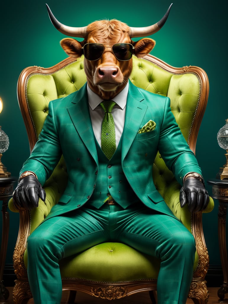 a sleek looking Bull, sitting on a tufted Blue velvet chair with, bright Green background, wearing an expensive 3 piece Green checkered suit, with very large dark sunglasses, hands in lap, full body with black shiny shoes, black leather gloves, black leather shoes, facing front, super crisp, photographic canon 80d, daylight, bold, fantastic