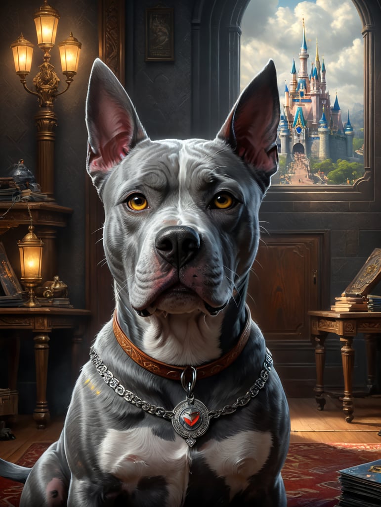 grey amstaff in a disney pixar style poster with Atena as a title