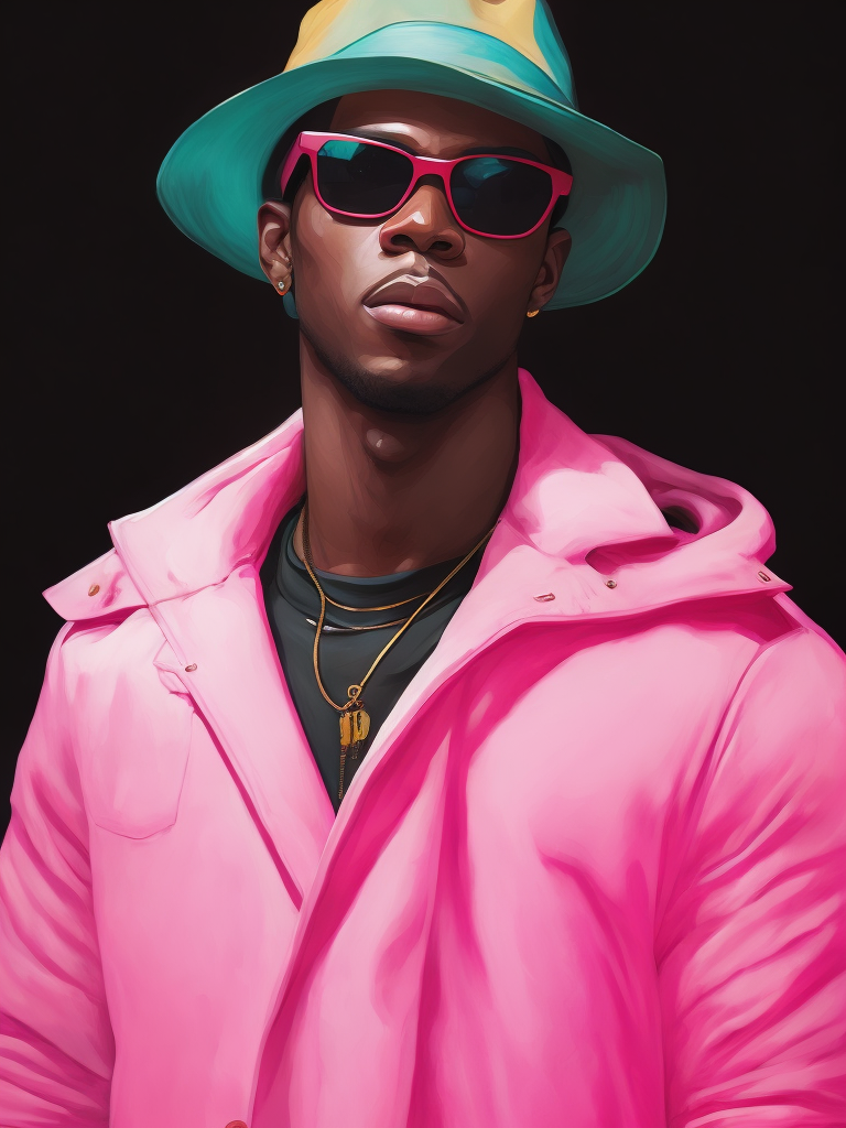 Black male fashion model, Wearing a pink jacket and a green panama hat, large black sunglasses, Black background, Bright and rich colors, bright saturated color, sharp focus,