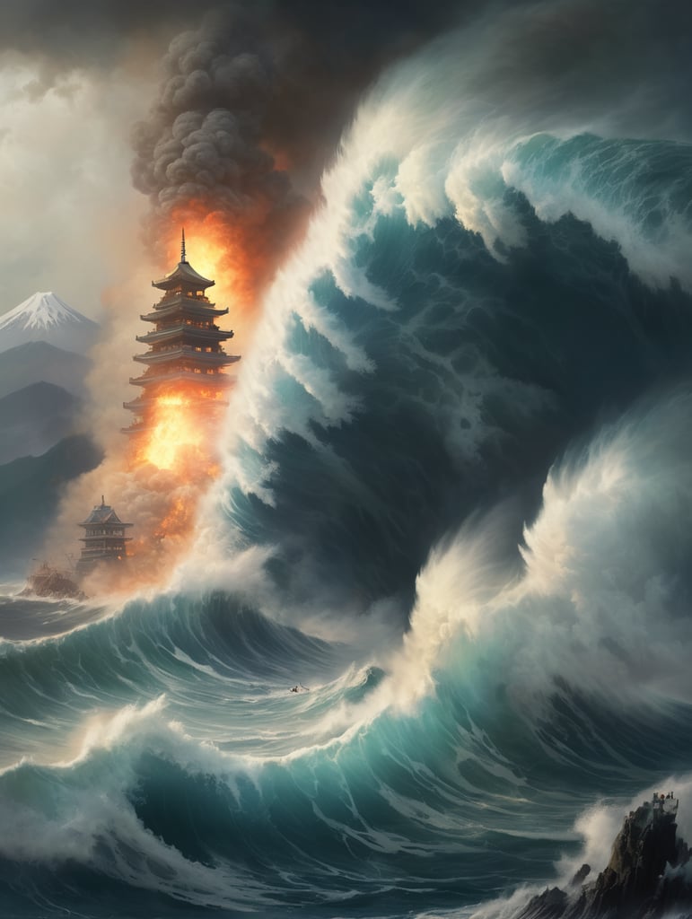 Epic photograph of an earthquake in Japan, large waves, destruction, fire, in the style of Aivazovsky