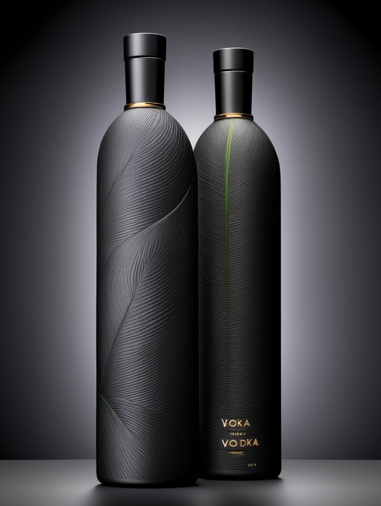 Tall minimalist glass banana vodka bottle design with a texture of closely spaced vertical lines with vibrant colors for a luxury matte black perfume with a shape inspired by vodka bottles. On a dark gray background. Packaging and branding for a banana vodka brand, a set design with banana, and banana leaves.