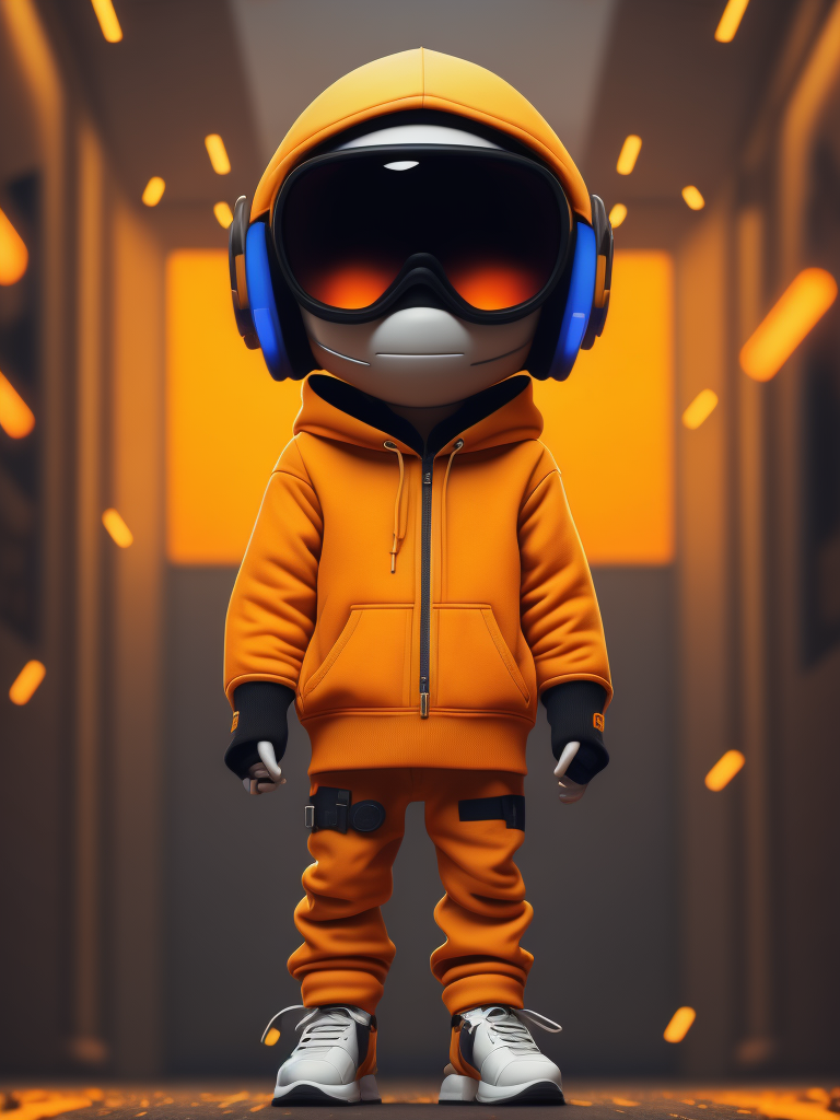 Orange cute style chatbot wearing stylish hoodie clothes, astro boy sneakers and a futuristic glasses