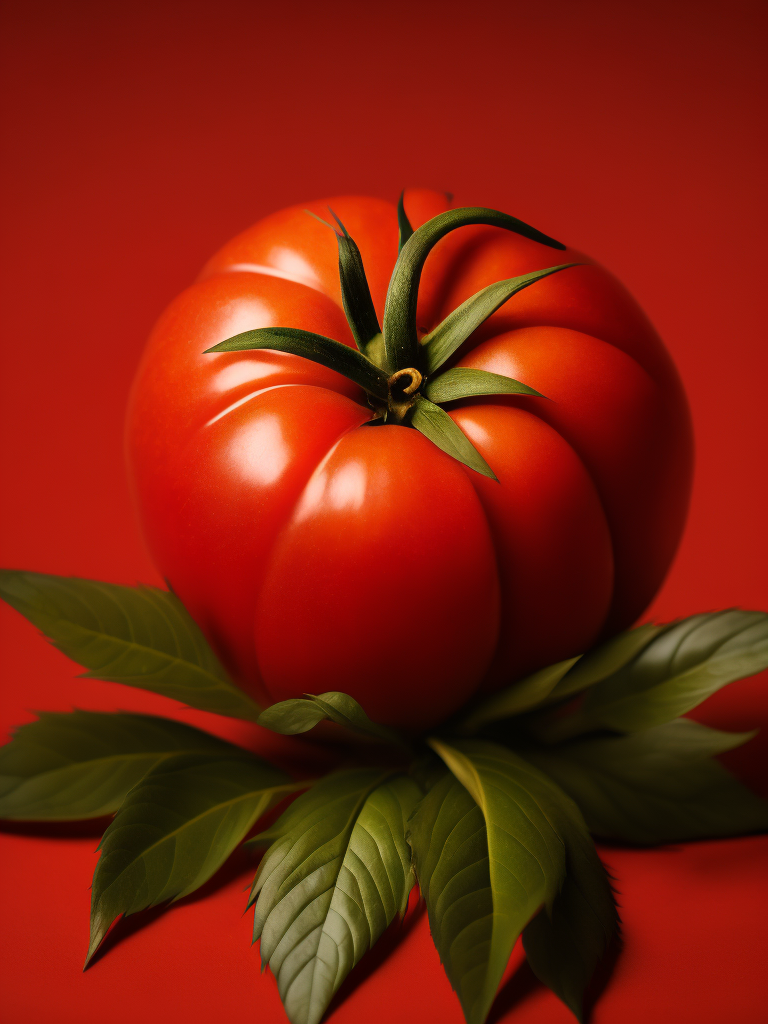 one tomato on a red background, highly detailed macro photo, magazine cover photo