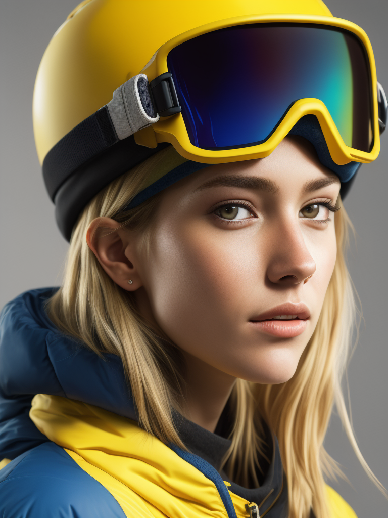 portrait of a girl in a yellow sport hat and colorful goggles for snowboarding, blue jacket, blond hair, white background