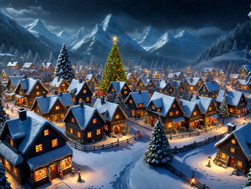 Snowy christmas night village with a focus on santa clause , christmas tree