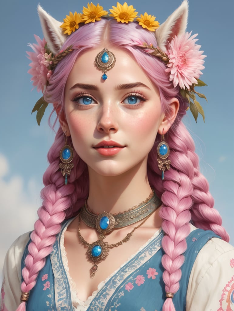 In RPG character drawing style. Young human woman with clearly visible llama ears holding aloft on her head. She has blue eyes. Pink hair styled in two braids. She wears an old medallion around her neck where a flower is represented. Her head is topped with a simple flower crown. She is wearing a long, light bohemian style dress with a floral pattern.