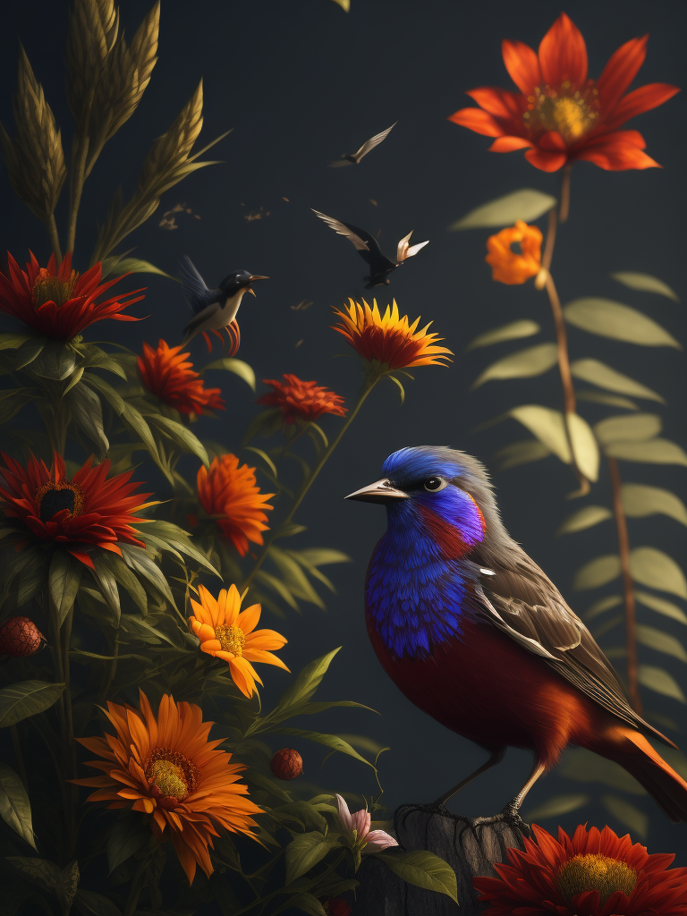 flowers and birds, deep color, sharp on details, vibrance 20, saturation 20