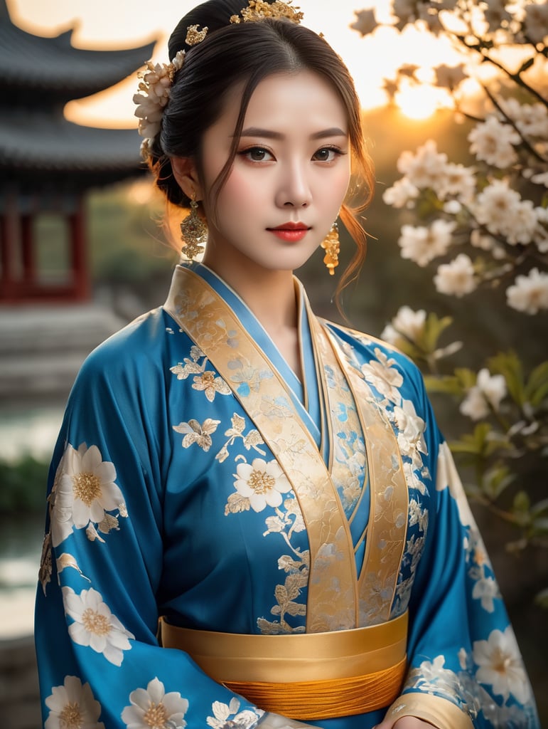 self-protrait, female blue floral chinese costume hanfu, floral, medium shot, golden hour lighting, eye-level front view