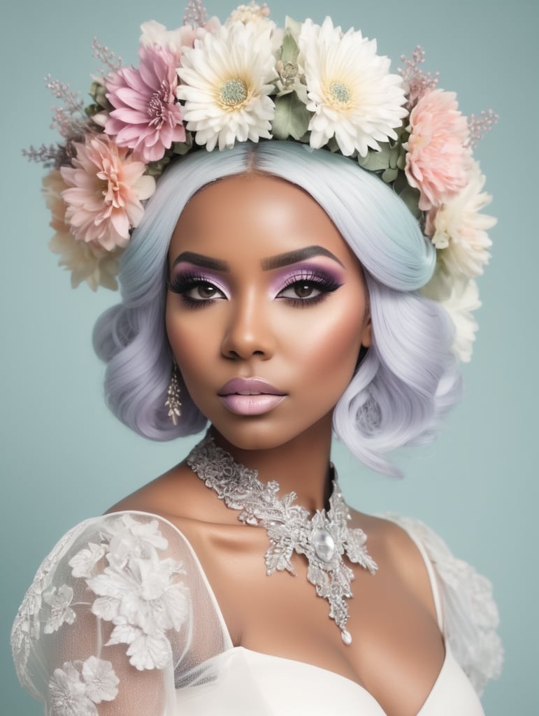 Hd photography, photograph, 3 4 pose, black woman, pastel gothic makeup, fairy goth, gothic style, pastel, beauty portrait, big flowers headband, big flower crown