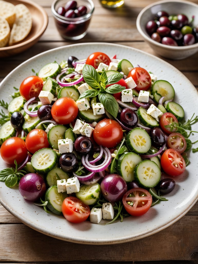 Greek Salad, small plate on a wooden table, Description: A refreshing Mediterranean salad with cucumbers, tomatoes, red onions, Kalamata olives, and feta cheese, drizzled with olive oil and sprinkled with oregano.