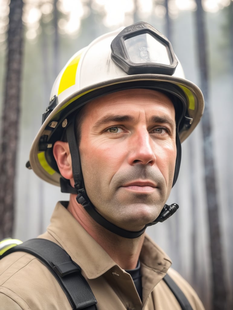 epic portrait of a Firefighter, forest fire, British Columbia Wildfire, Canada