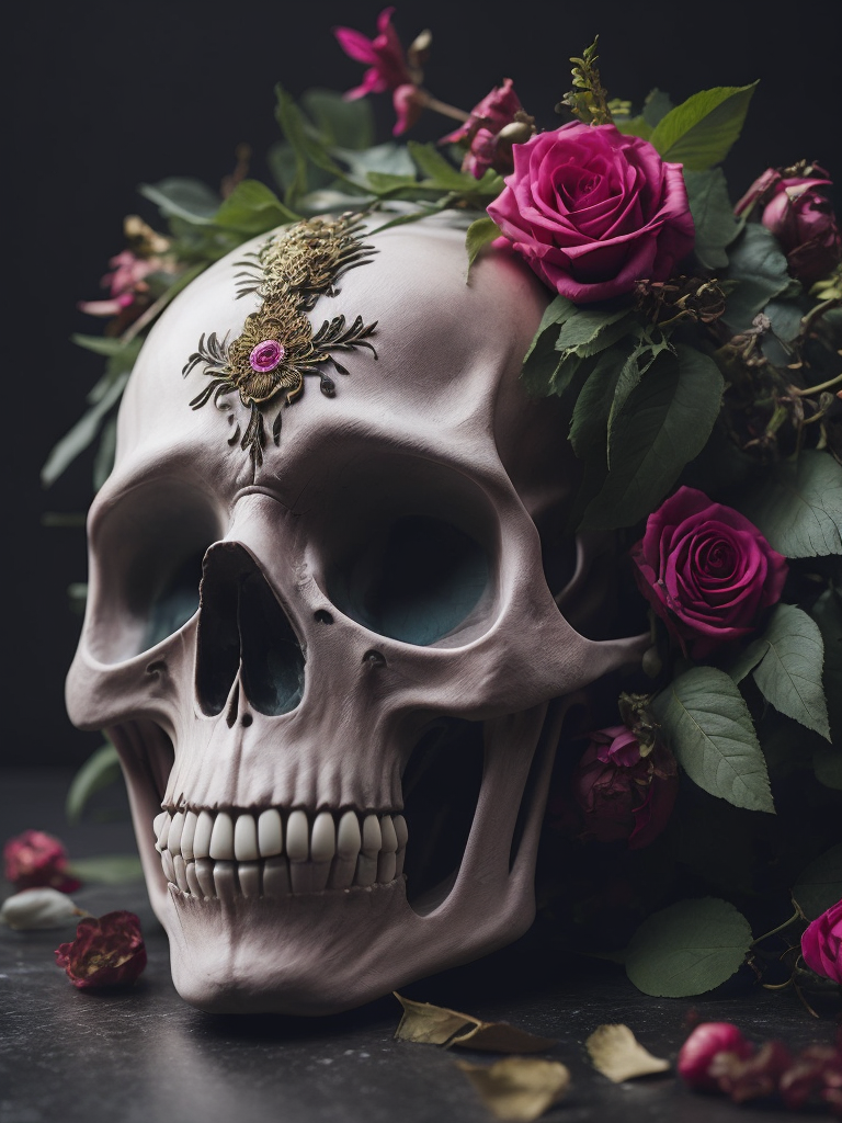 Mexican skull calavera, surrounded by poetic ornamental elements such as fruits, flowers, garlands of lights and native plants, colors pink, green, gold and black