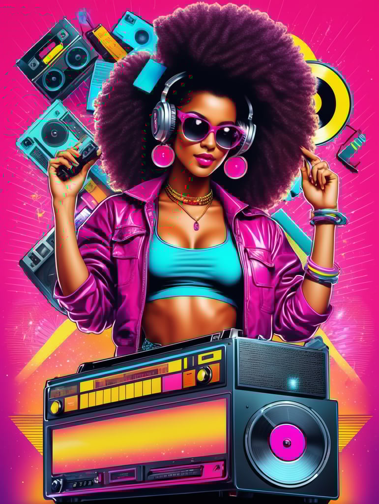 80's style retro party poster featuring boom box, cassettes, record player, neon, synthwave, disco vibes, breakdancer and afro disco funk girl