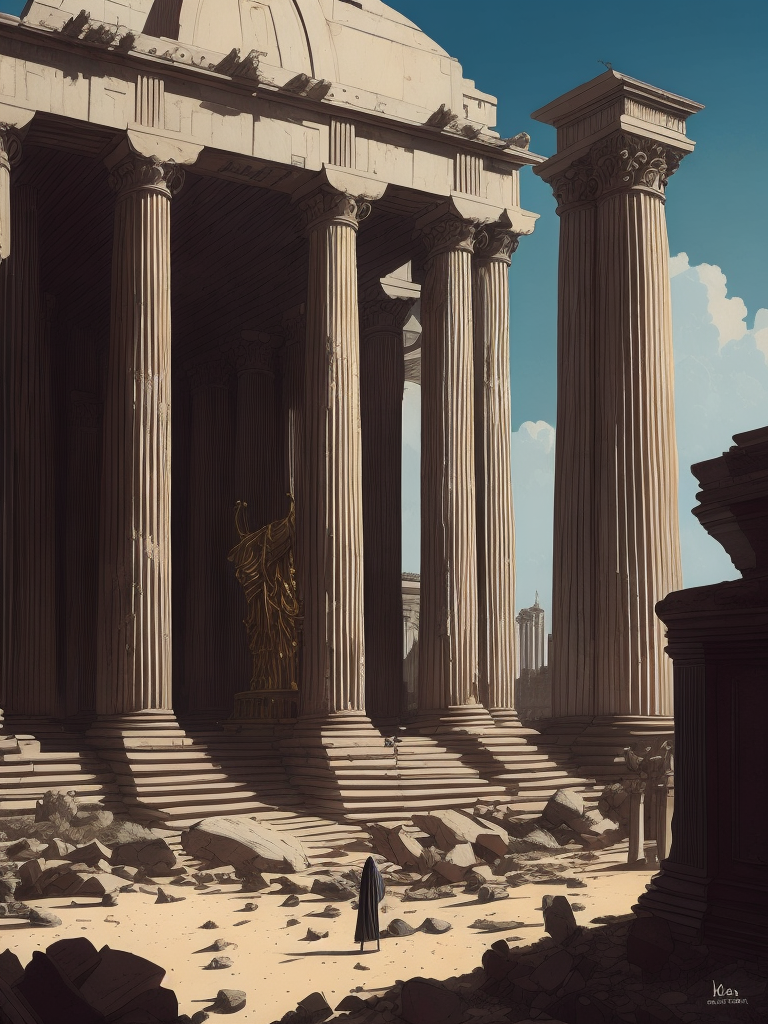 the parthanon designed by Giorgio de Chirico old and crumbling, ancient ruin Remnants of a futuristic highly developed society, machine-like lines, poster art style, magic atmosphere, desertcore, grimdark, drawn and colored by Michael Whelan, ink marks, fine lines, bold painterly brush strokes