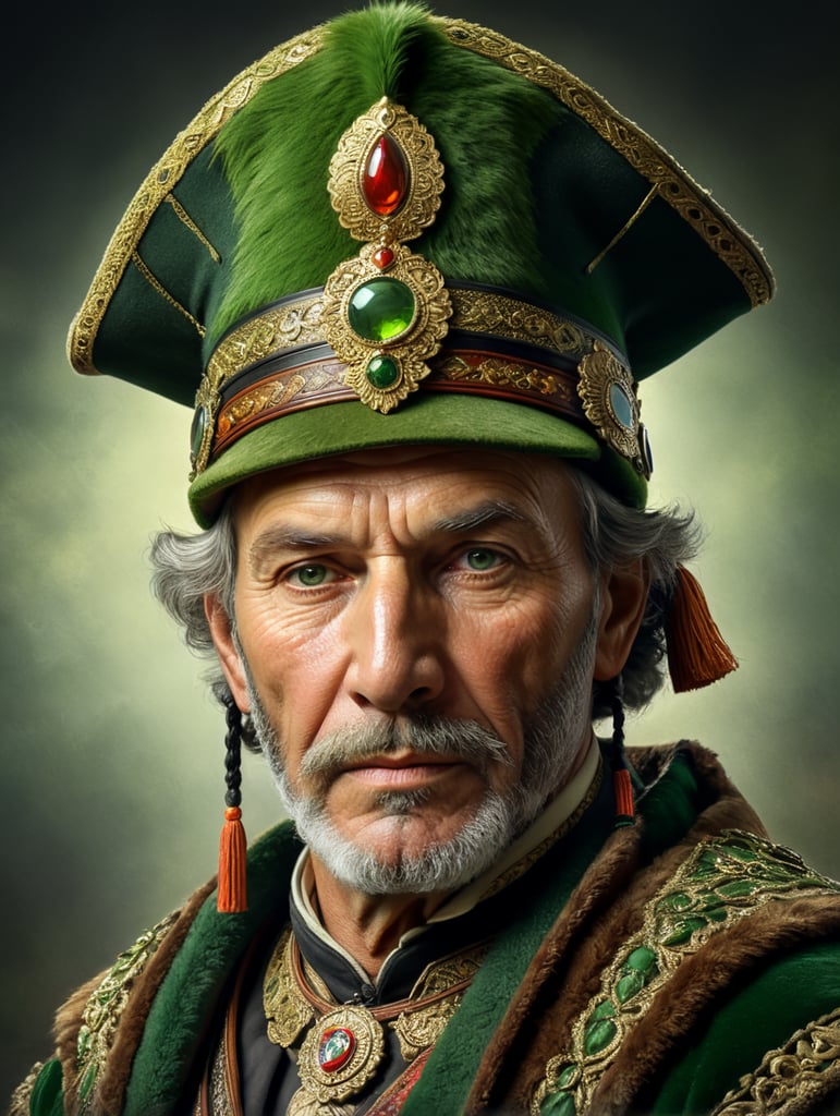 Retro portrait, an old Austrian hunter wearing Green Tryolean Hat and traditional costume