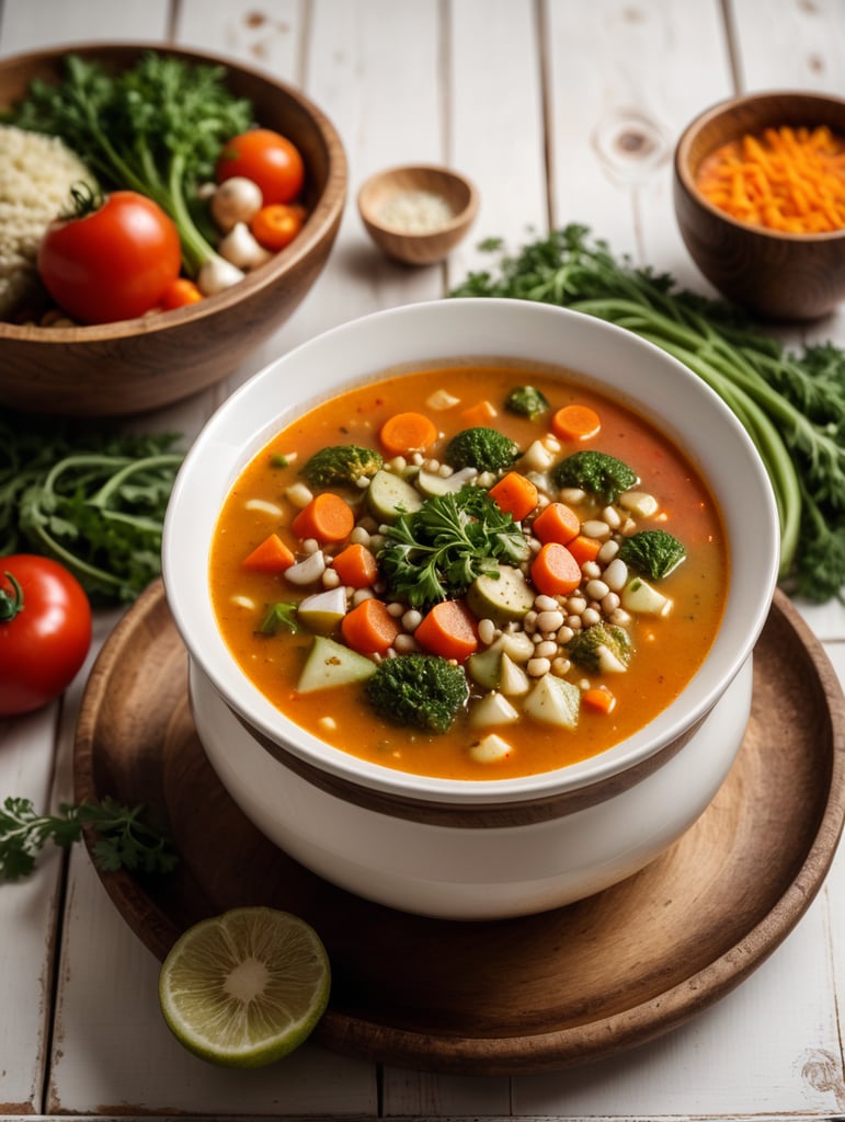 Soup in a bawl at the wood table with some vegetables decorating, white painted wood background cenario