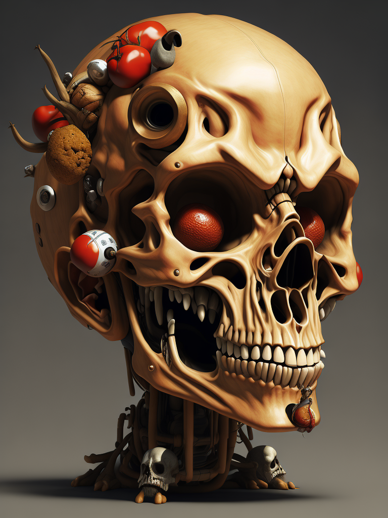 The anatomy of a zoombie head made of junk food, an ultrafine detailed painting by james jean, octopath traveler, behance contest winner, vanitas, angular, altermodern, surreal