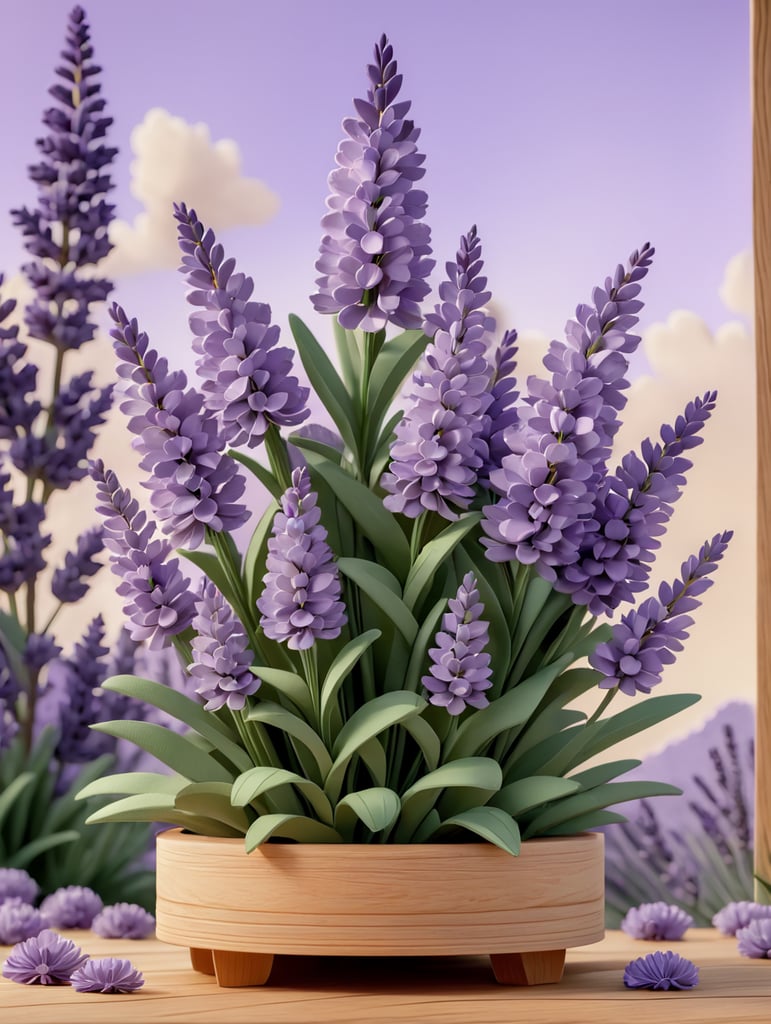 lavender flowers made of paper on a wooden oak stand on a background of lavender