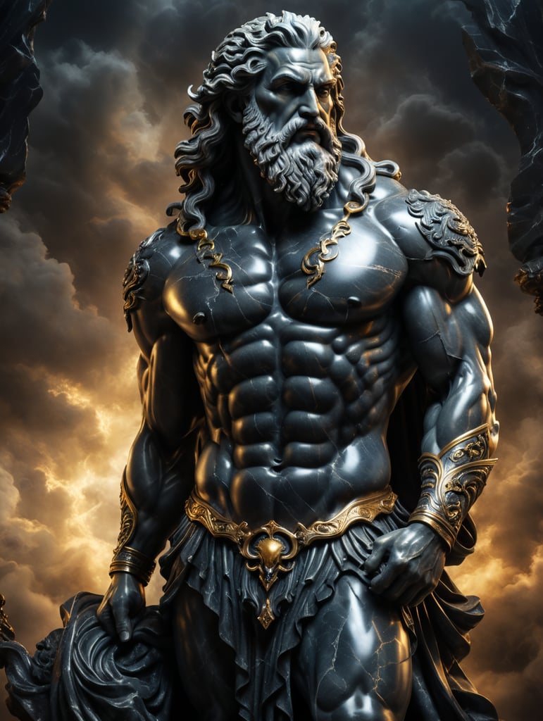 estatua de mármol oscuro zeus escultura detalles nítidos góticas estéticas mitología inspiradoras tonalidades oscuras iluminación dramática mármol obra maestra deidad legendaria impresión etérea