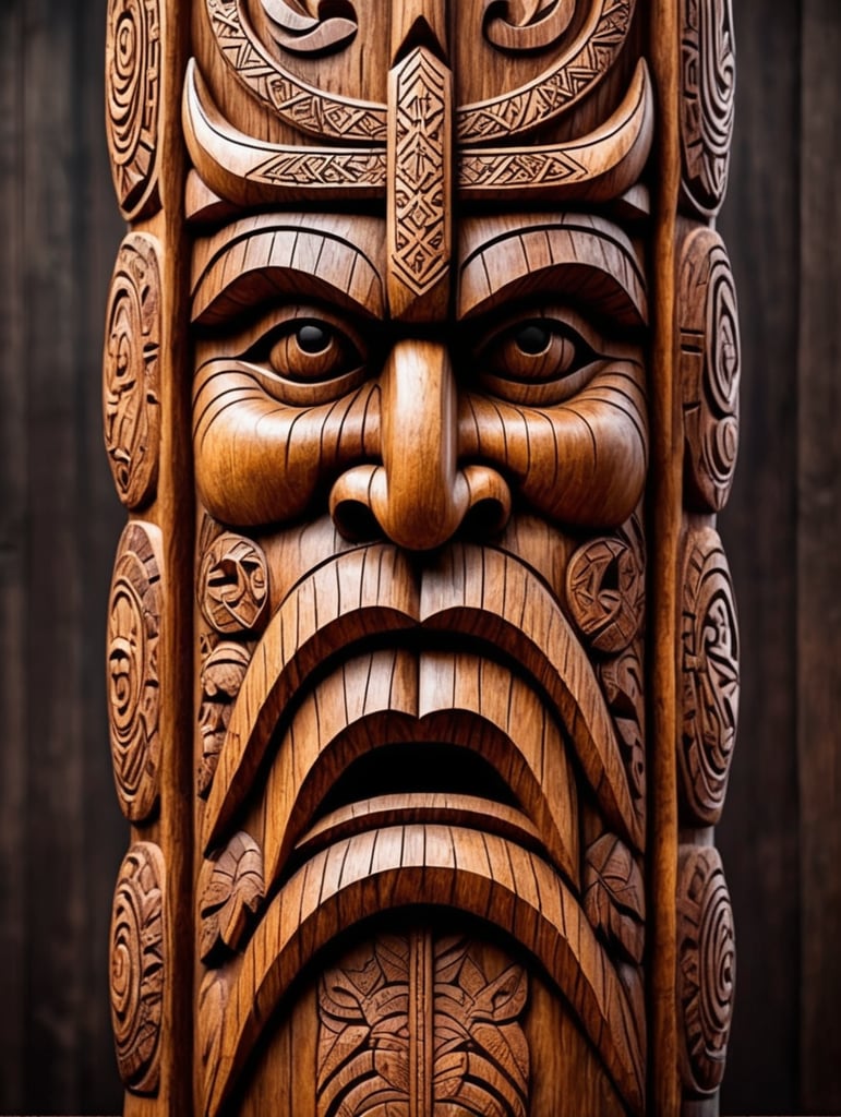 viking's wooden totem pole, viking faces carved, animals carved, traditional ornament around