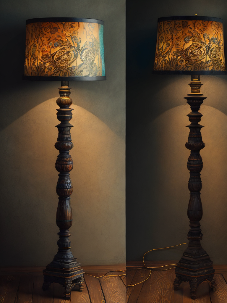 wooden floor lamp, carved black wood, decorated with gems