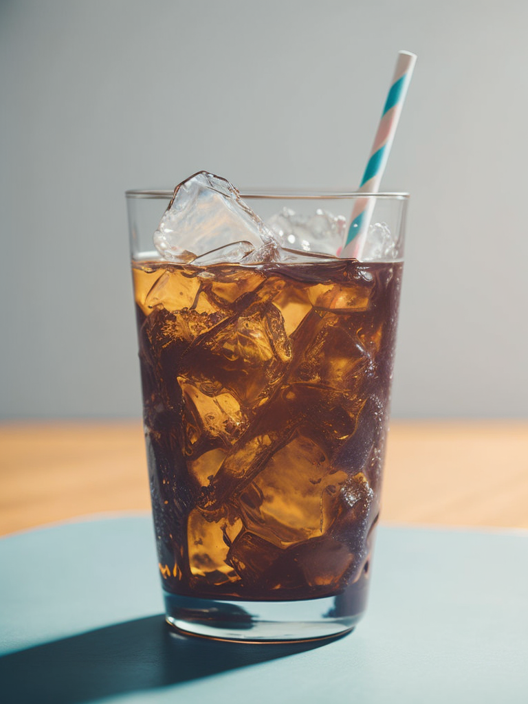 Glass with cold brew coffee and ice and a straw, pink-blue background, sharp on details