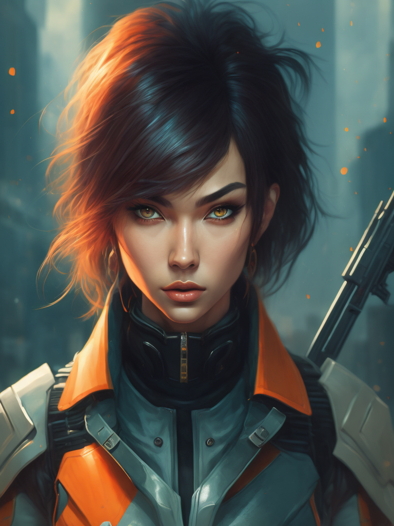 a woman in a futuristic suit holding a gun in her hand, looking at the camera, cyberpunk art, neo-figurative, anime
