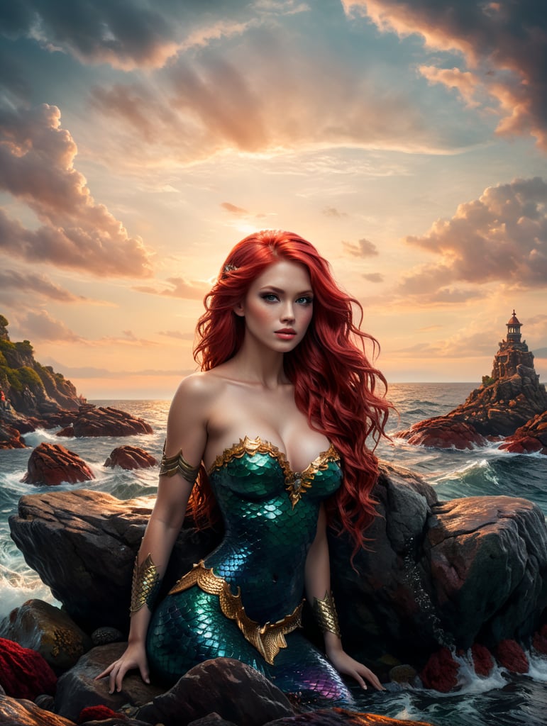 mermaid, red hair, on rock, sea and sky background