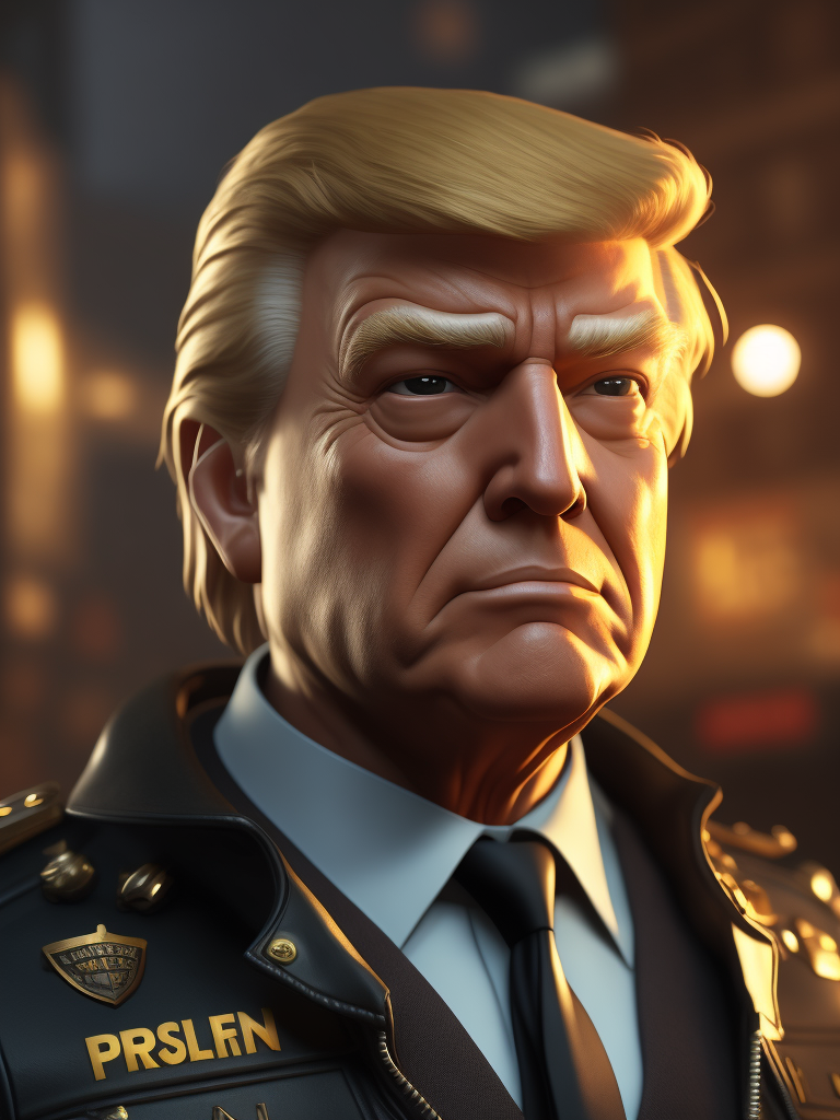 Donald Trump as jake peralta from the tv show brooklyn nine-nine, bobble, head, funko pop art, hyper detailed, professional lighting, film lighting, 35mm, 50mm, ray tracing, unreal engine 5, zbrush