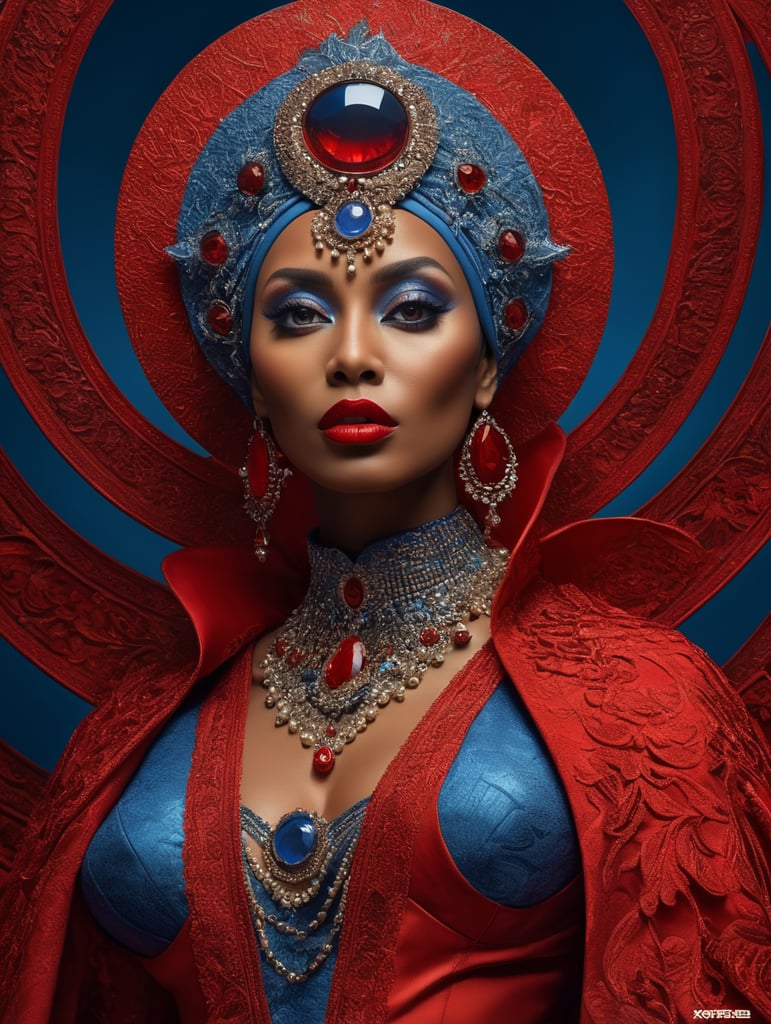 Donyale luna, 2023, avant-garde, simplyrgp, photo shoot spread, dressed in all red, blue background, harpers bizarre