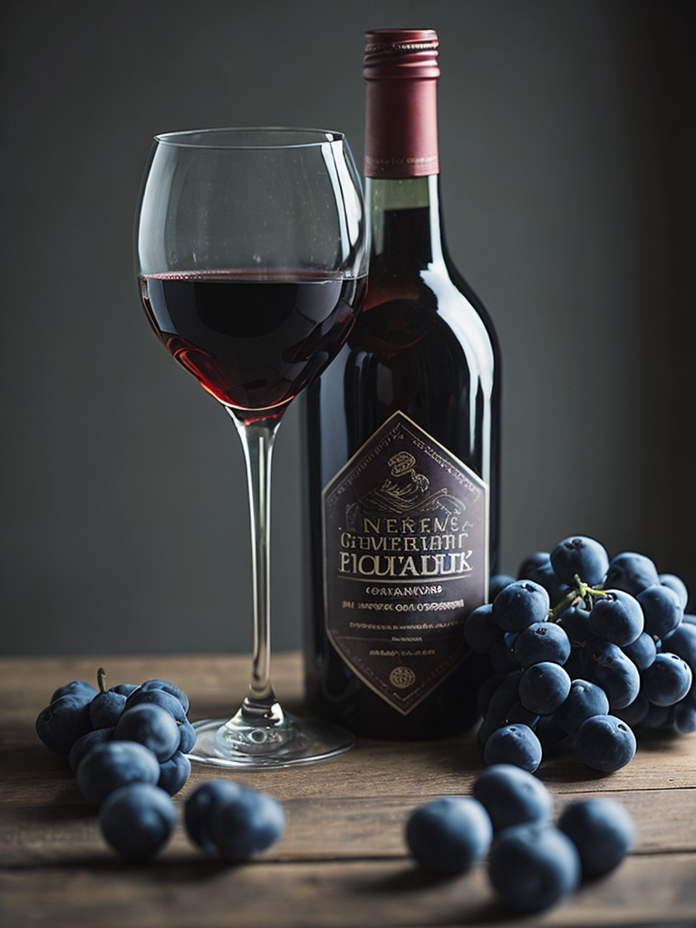 wine bottle with glass of dark red wine, grapes