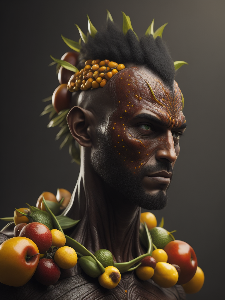 Abstract male humanoid made out of a fruits