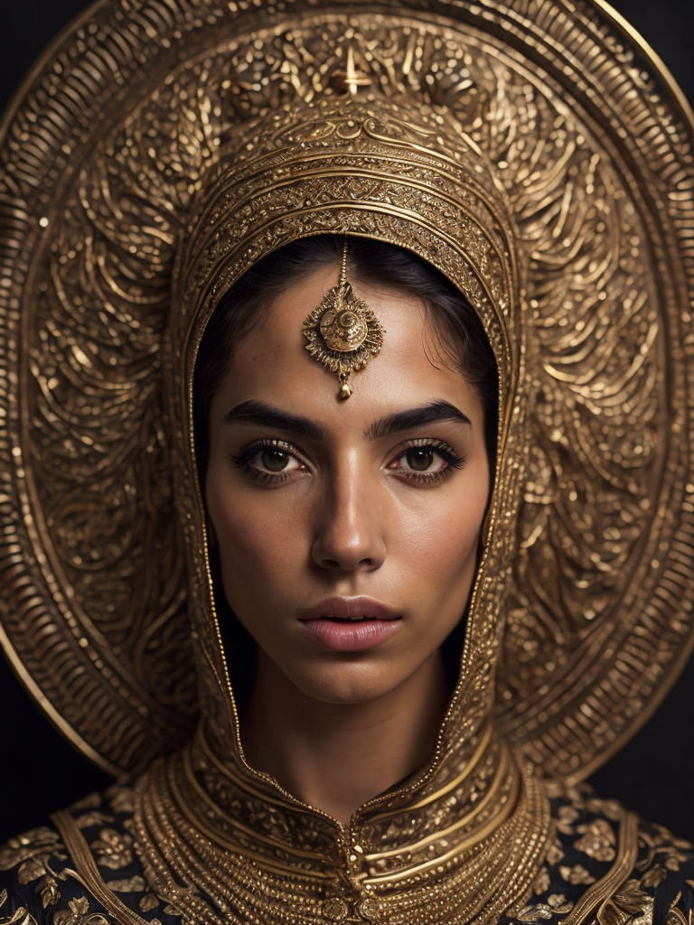 a photorealistic golden mage of a stunningly beautiful Emblem of The Middle Eastern unique cultural identities.extremely detailed, detailed symmetrical realistic face, natural skin texture, extremely detailed skin with skin pores, peach fuzz , wearing a masterpiece , absurdres, award winning photo by lee jeffries, nikon d850 film archival photography, kodak portra 400 camera f1.6 lens, extremely detailed, amazing, fine details, rich golden color, texture hyper realistic, spectacular lighting, unreal engine, trending on artstation, cinestill 800 tungsten, looking at viewer, realistic photo, RAW photo, TanvirTamim, high quality, high resolution, sharp