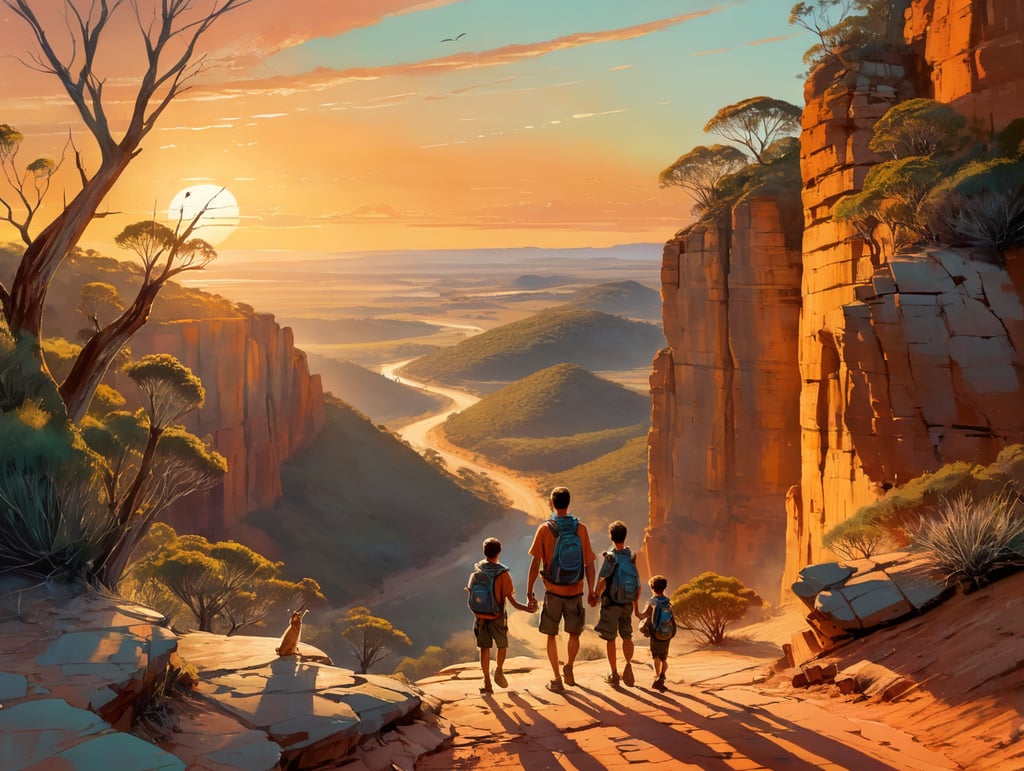 In the soft, golden light of a sunrise, a family stands atop a rugged cliff overlooking the vast Australian outback. They hold hands, their faces radiating excitement and determination. Below, a winding dirt road stretches into the distance, leading to new adventures. Kangaroos and a koala sit nearby, symbolizing the unique challenges and beauty of their journey down under as they move to Australia for new challenges.