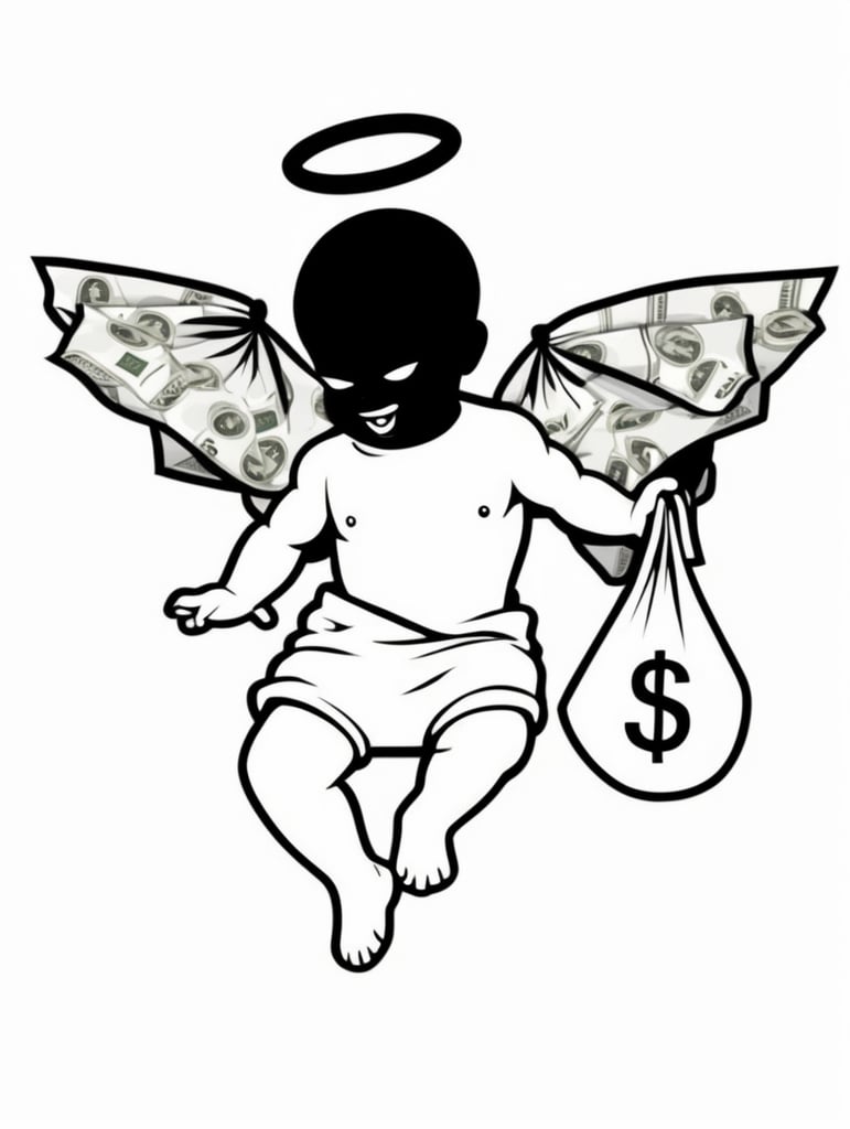 Gangsta baby cheerub boss Sticker with bag of money, in the style of simple black and white line art vector comic art on a white background