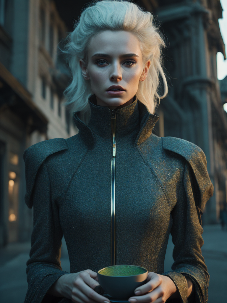 Haute couture fashion model drinking matcha tea, in the style of alexander mcqueen in front of futuristic building by gareth pugh