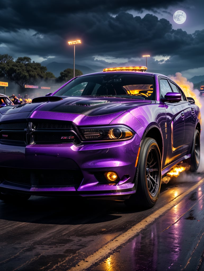 Souped up purple halloween dodge charger, drag racing death on a horse