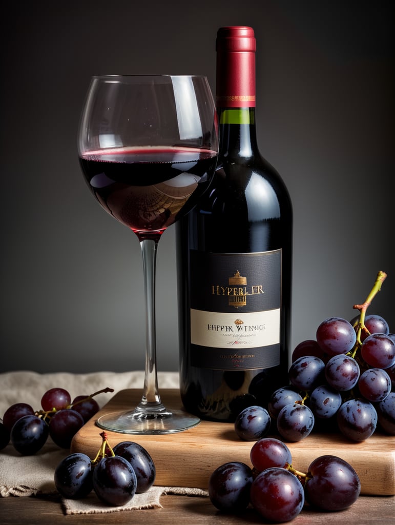 wine bottle with glass of dark red wine, grapes