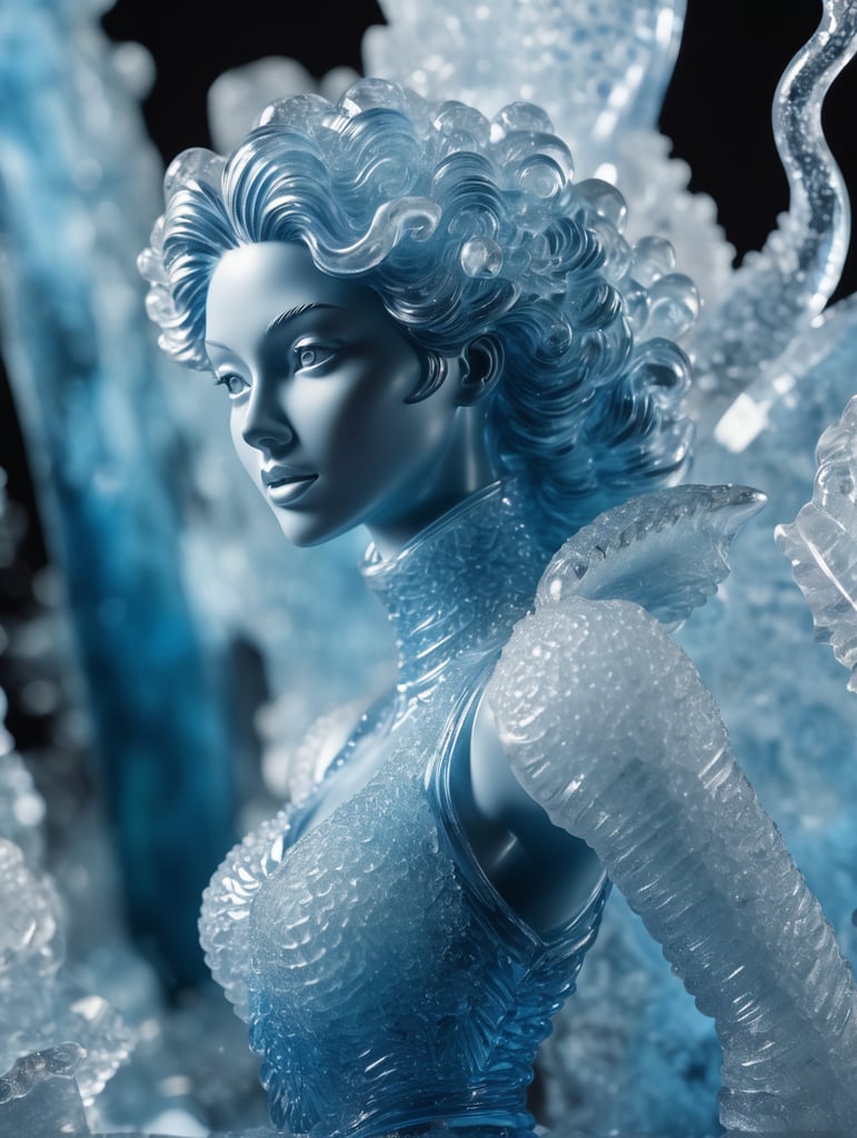 Highly detailed shot of an blueish ice sculpture in the shape of a curly women, full-body shot, dramatic shattering ice background, full motion effects, diagonal view, ice crystal particles everywhere, back light, ultra sharp focus, high speed shot, subtle color, Bioluminescence, high quality