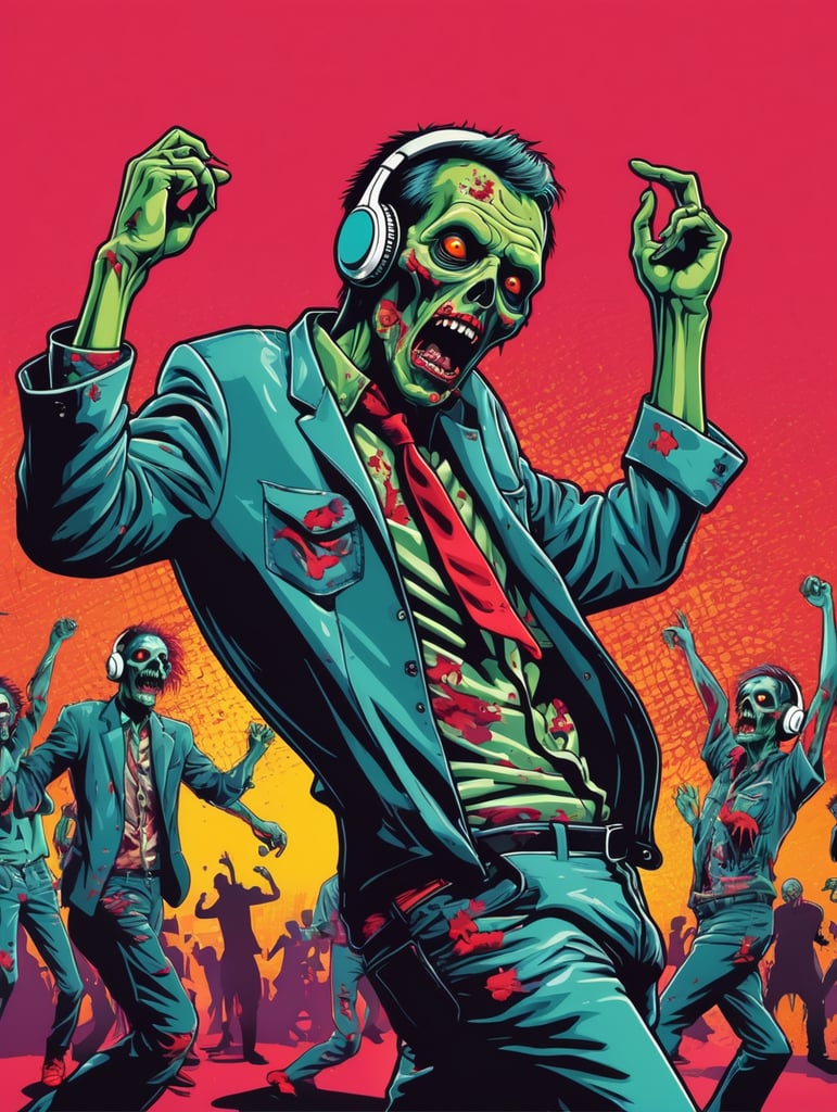 Pop art illustration, sticker, zombie dancing with headphones