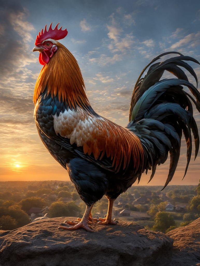 beautiful photorealistic rooster crowing in morning outside, beautiful morning sky