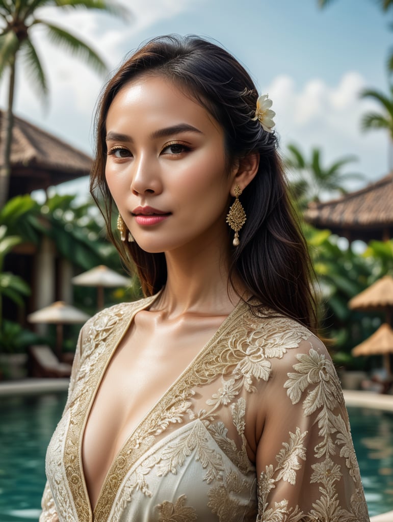 Indonesian-Chinese woman who typically lives in west Jakarta. Make it as attractive as possible with designer clothing. Posing in a poolside near a beach like Bali