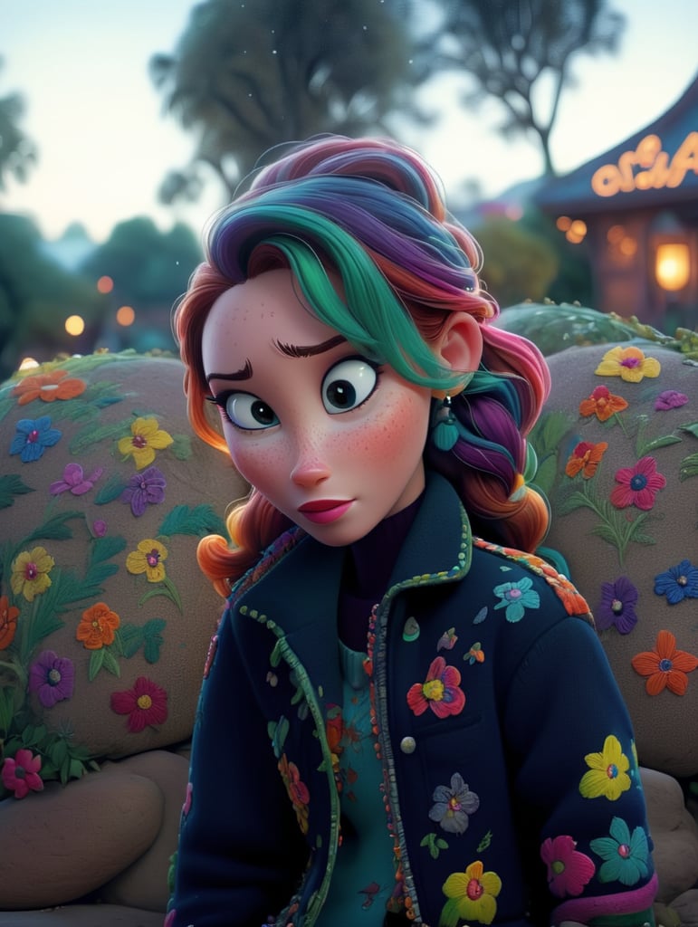 Beautiful woman with freckles, wearing a colorful, vibrant, detailed embroidered jacket, medium-full shot, at night